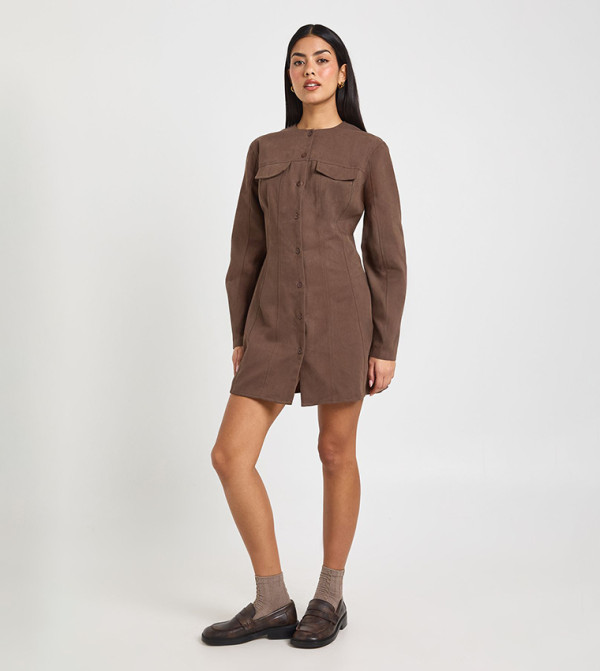 Twill Button Through Barrell Sleeves Shirt Dress