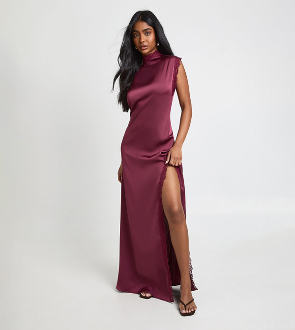 Lace Trim Satin High Neck Maxi Dress
