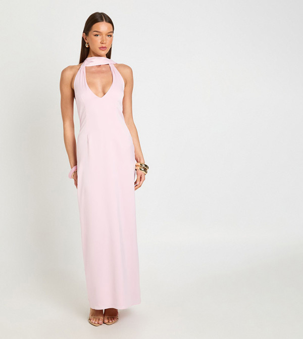 Neck Tie Satin Plunge Maxi Dress