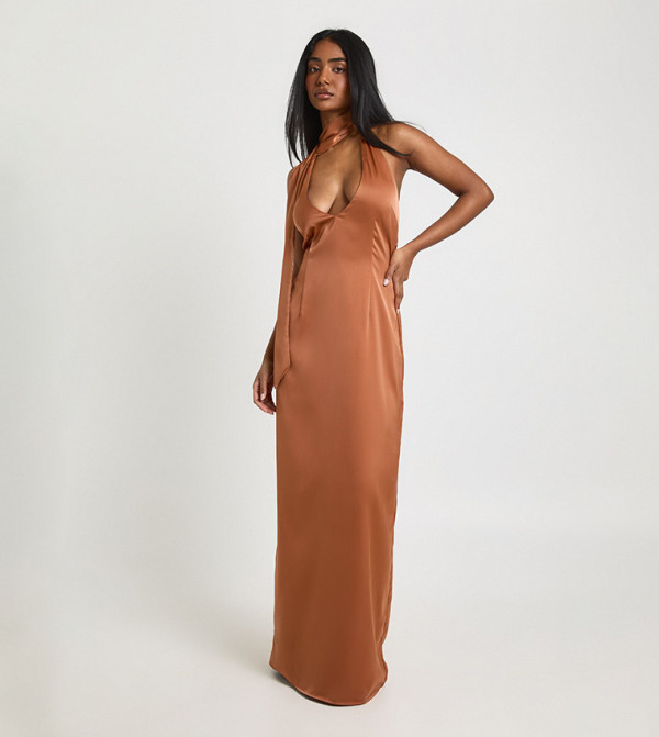 Neck Tie Satin Plunge Maxi Dress