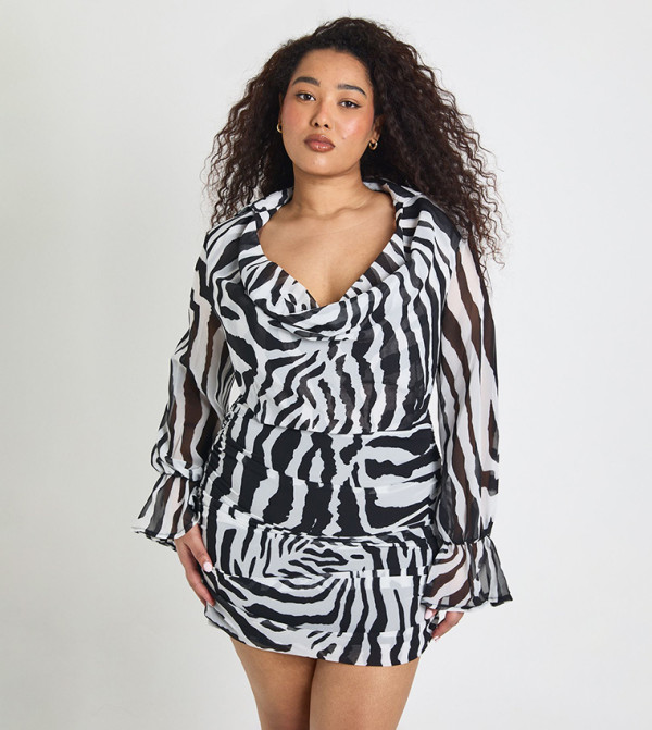 Curve Zebra Print Chiffon Cowl Neck Shirt Dress
