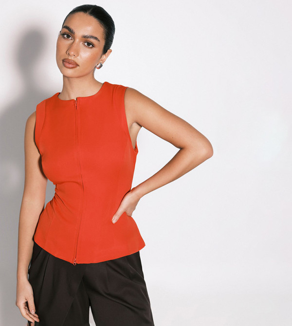 Sleeveless Zip-Through Tailored Top