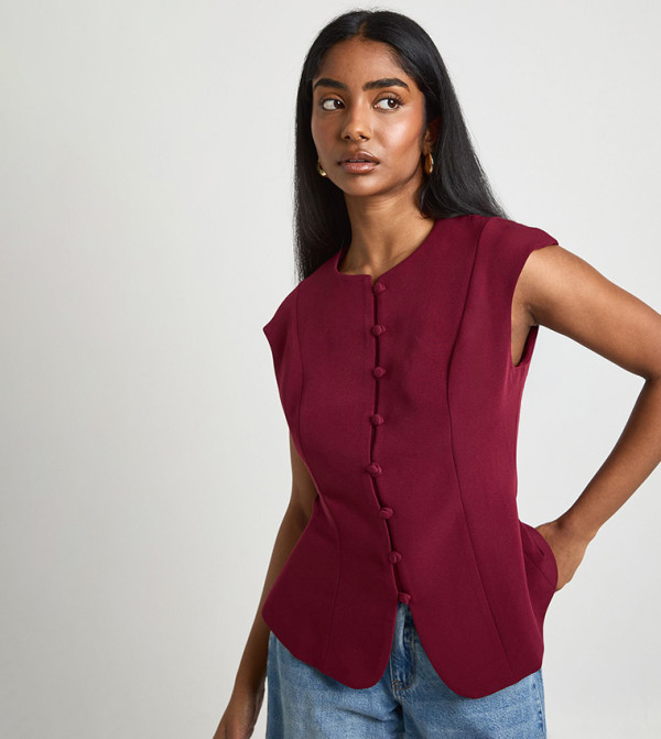 Sleeveless Button Front Tailored Top