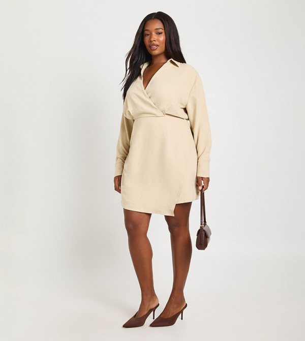Curve Peached Collared Wrap Shirt Dress