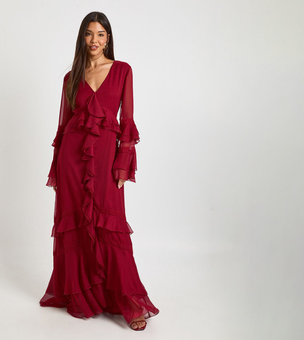 Chiffon Ruffle Lace Trim Detail Maxi Dress