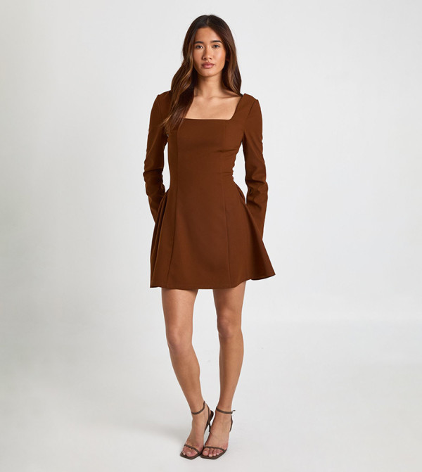 Square Neck Long Sleeves Flared Mini Dress
