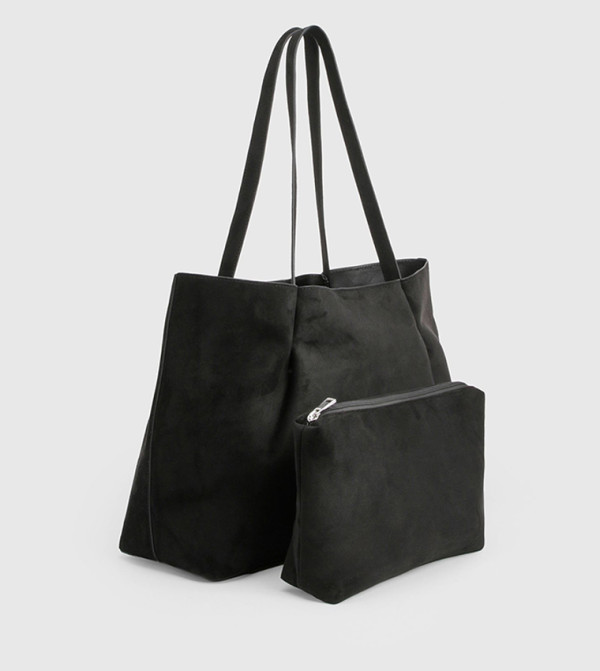 Faux Suede Tote Bag with Removable Pouch, Large