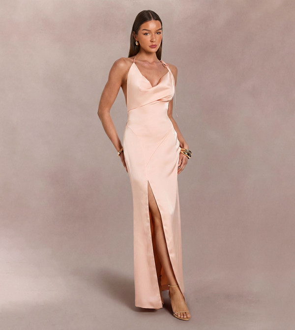 Satin Halterneck Cowl Neck Maxi Dress