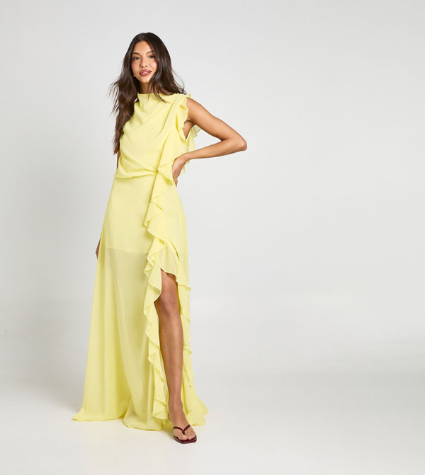 Chiffon High Neck Ruffle Detail Maxi Dress