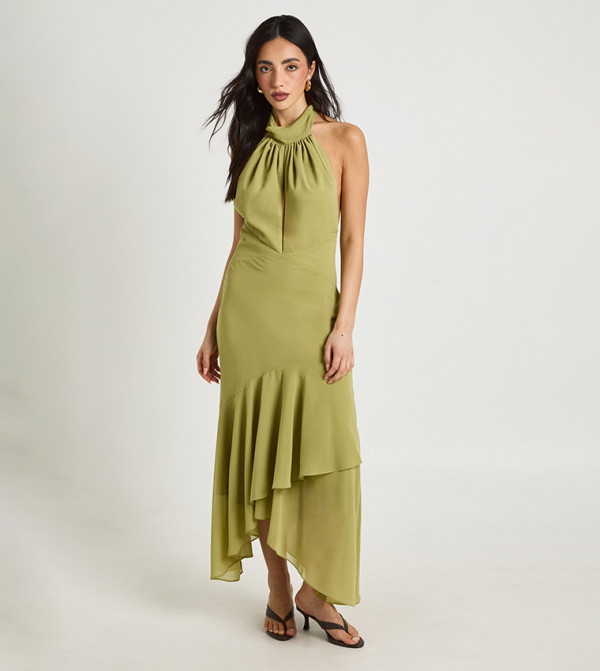 Chiffon High Neck Flower Detail Asymmetric Hem Midaxi Dress