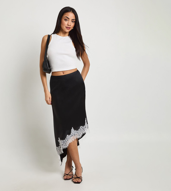 Lace Asymmetric Hem Satin Midi Skirt