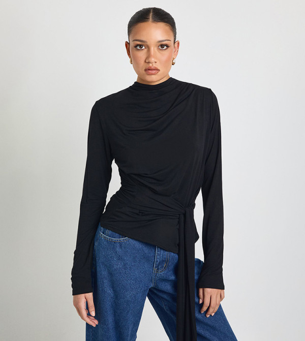 Tie Waist Cowl Neck Long Sleeves Top