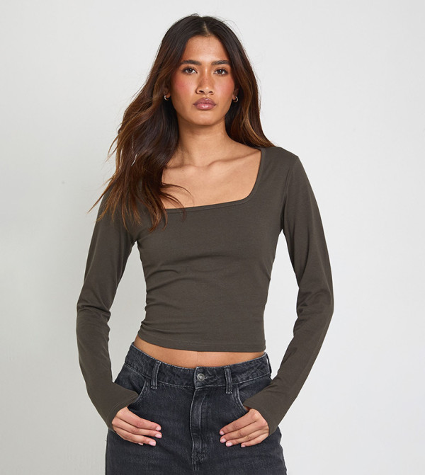 Solid Square Neck Long Sleeves Top