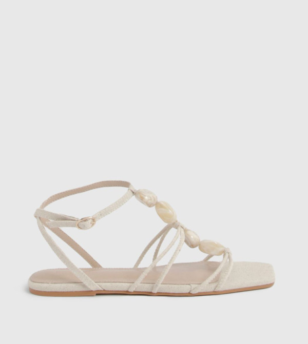 Bead Detail Linen Strappy Flat Sandals