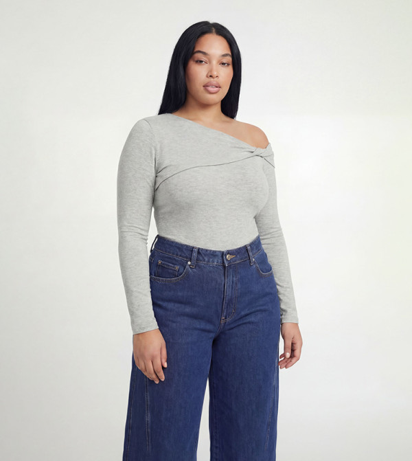 Curve Ribbed Twist Asymmetric Bodysuit Top