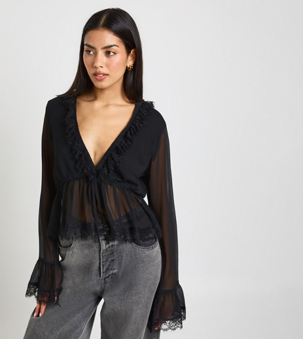 Lace Trim Chiffon Ruffled Top