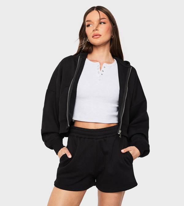 Petite Balloon Sleeves Oversized Zip-Through Hooded Jacket