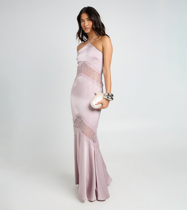 Satin & Lace Strappy Halterneck Maxi Slip Dress