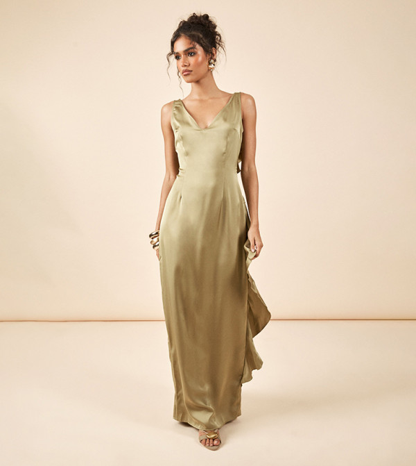 Matte Satin Ruffle Back Slip Dress