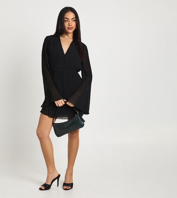 Plisse Wrap Front Wrap Dress