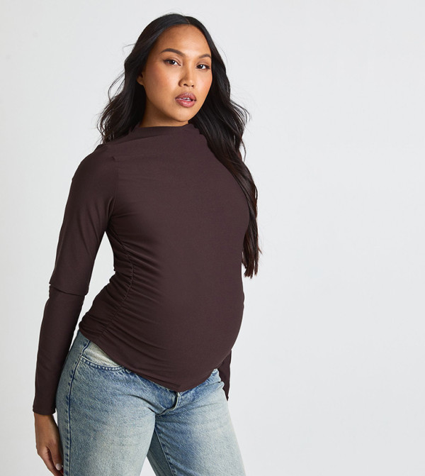 Grown On Neck Ruched Side Long Sleeves Maternity Top