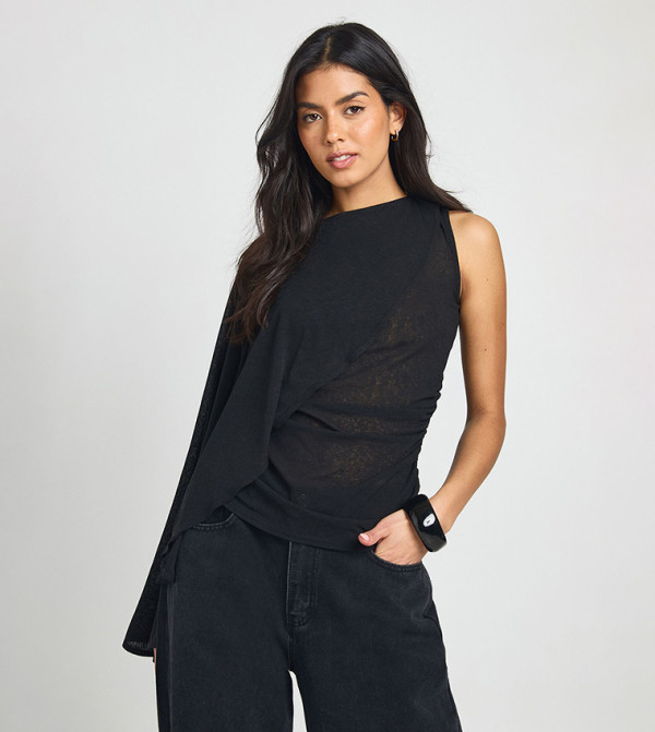 Sheer Textured Cape Detail Sleeveless Top