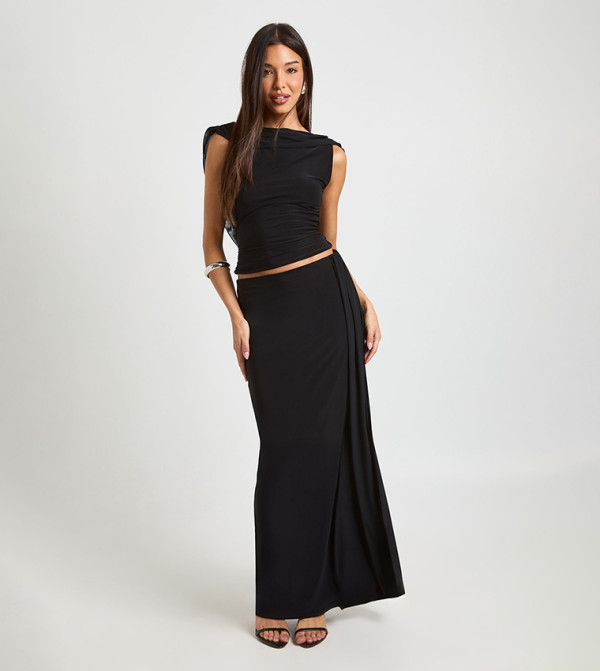 Mesh Drape Slinky Maxi Skirt