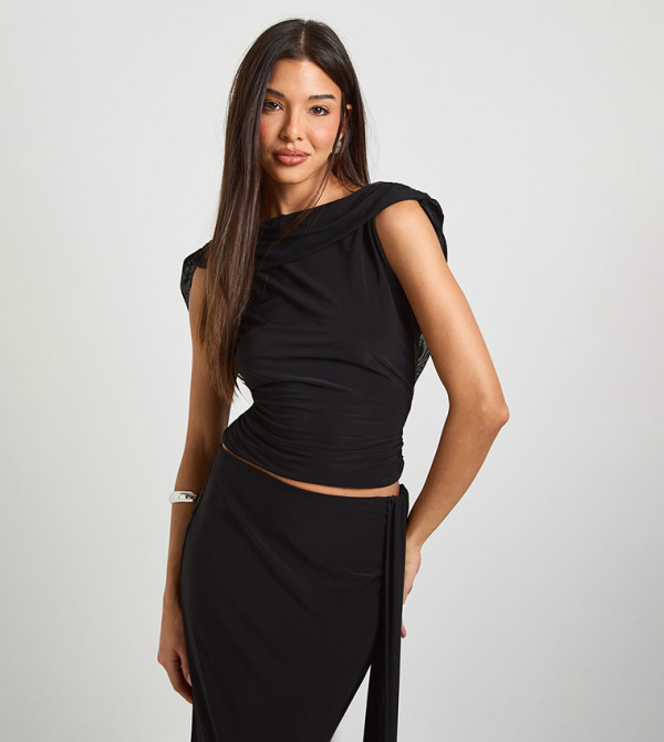 Slinky Cropped Mesh Overlay Backless Crop Top