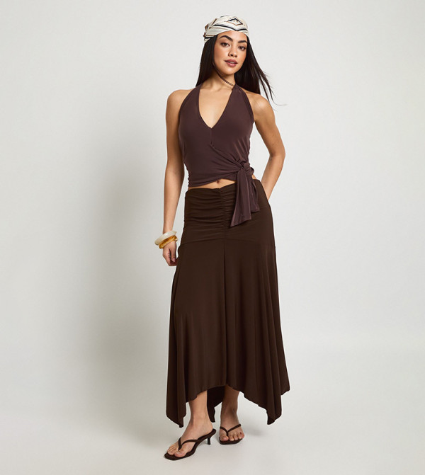 Double Layer Slinky Ruched Panel Hanky Hem Midaxi Skirt