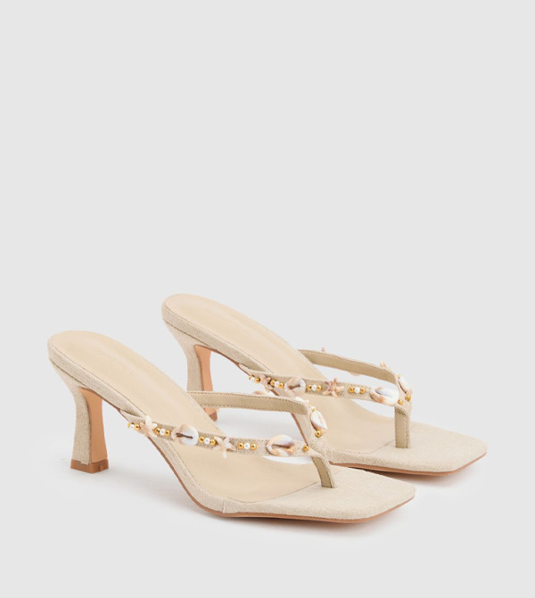 Linen Shell Detail Toe Post Heeled Sandals
