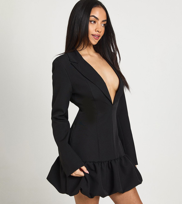 Plunge Front Drop Hem Mini Blazer Dress