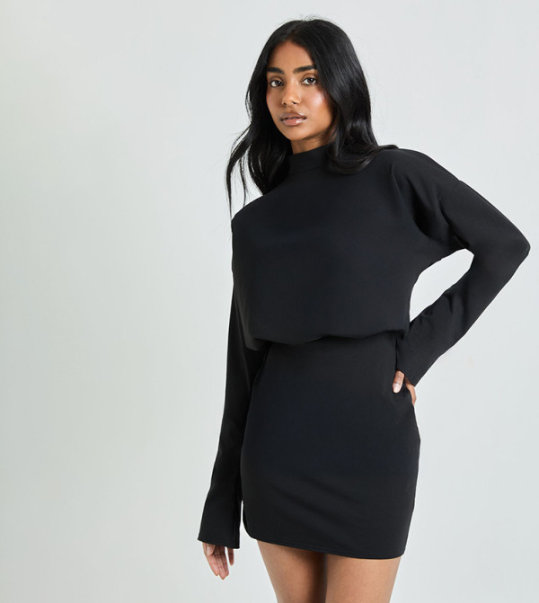 Long Sleeves Grown On Neck Blouson Mini Dress