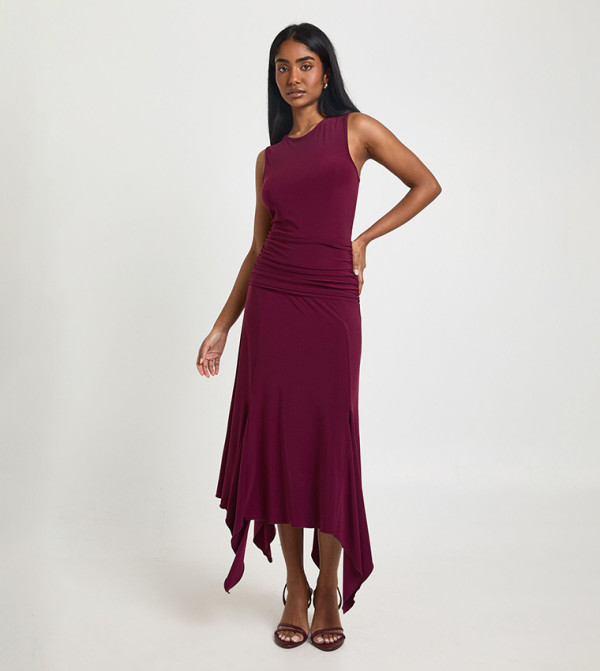 Slinky Sleeveless Asymmetric Hem Midi Dress