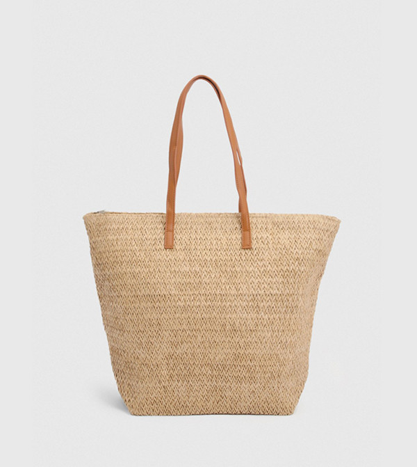 Contrast Handle Raffia Beach Bag
