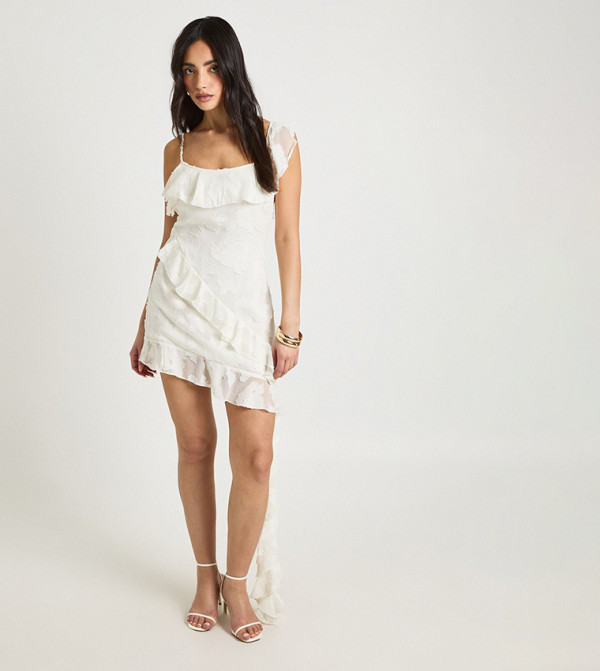 Floral Jacquard Ruffle Detail Slip Dress
