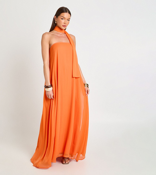 Scarf Detail Trapeze Floor Sweeping Maxi Dress