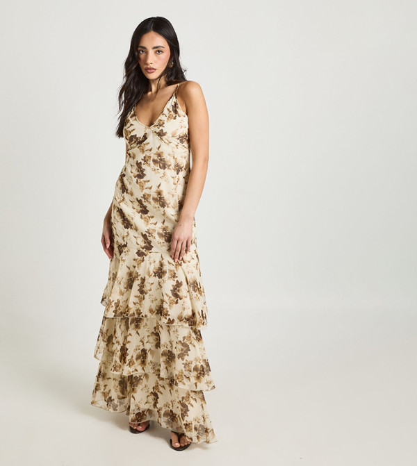 Tonal Floral Print Chiffon Tiered Maxi Dress