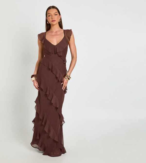 Tonal Chiffon Ruffle Detail Backless Maxi Dress