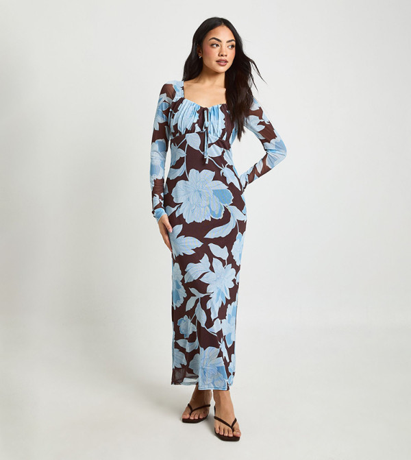 Floral Printed Mesh Milkmaid Maxi Dress