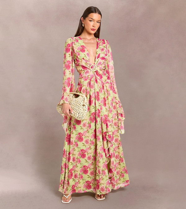 Chiffon Floral Print Plunge Front Floor Sweeping Maxi Dress