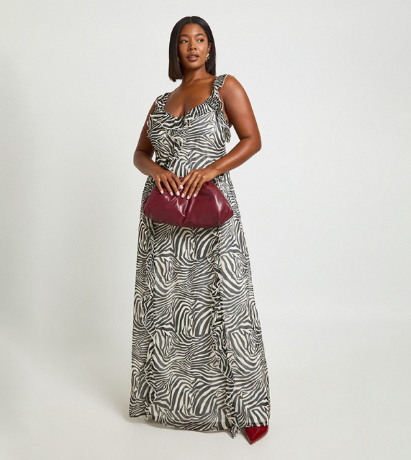 Curve Zebra Chiffon Strappy Ruffle Maxi Dress