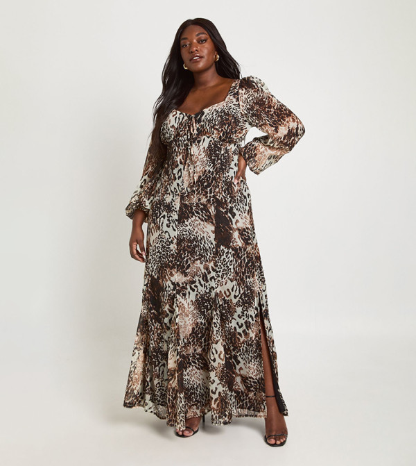 Curve Mixed Animal Crinkle Chiffon Milkmaid Maxi Dress