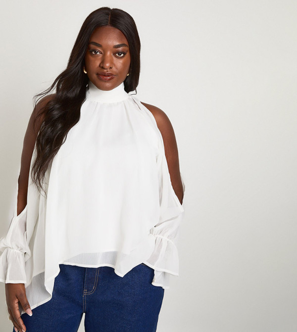 Curve Chiffon Halterneck Long Sleeves Top