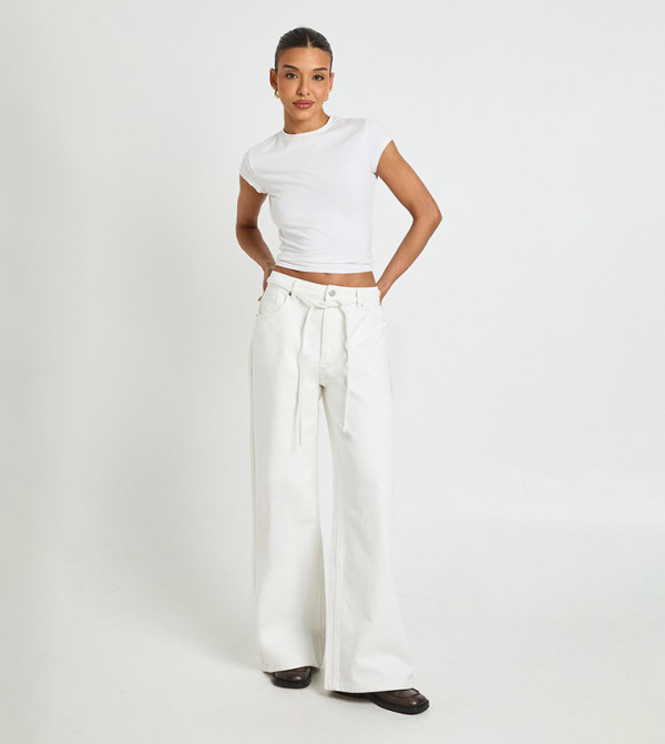 Washed Tie Waist Wide Leg Jeans
