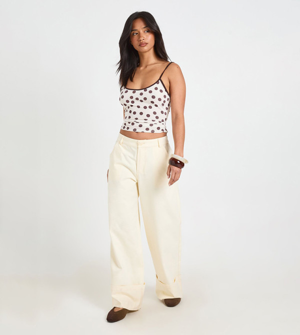 Petite Turn Up Hem Twill Wide Leg Trousers