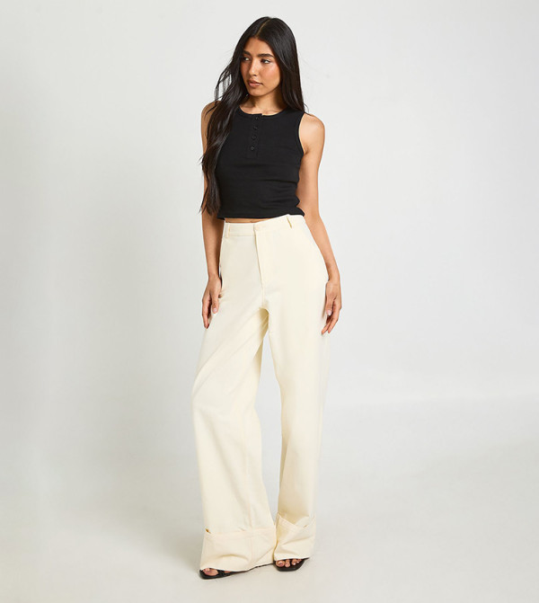 Tall Turn Up Hem Twill Wide Leg Trousers