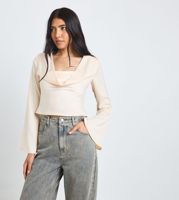 Tall Long Sleeves Satin Cowl Neck Crop Top