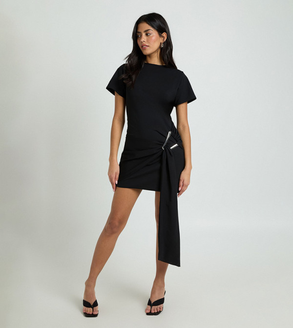 Gold Trim Belted Cap Sleeves Dress