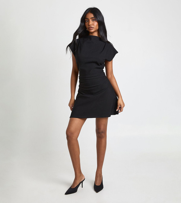Pinstripe Ruched High Neck Cap Sleeves Shift Dress