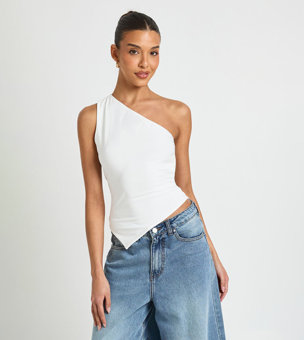 Double Layer Slinky One Shoulder Asym Hem Crop Top